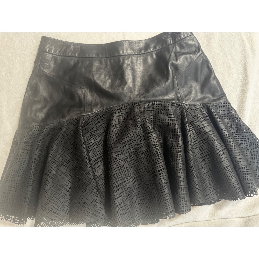 Derek Lam 10 Crosby Black Leather Laser Cut Flared Mini Skirt Size 2